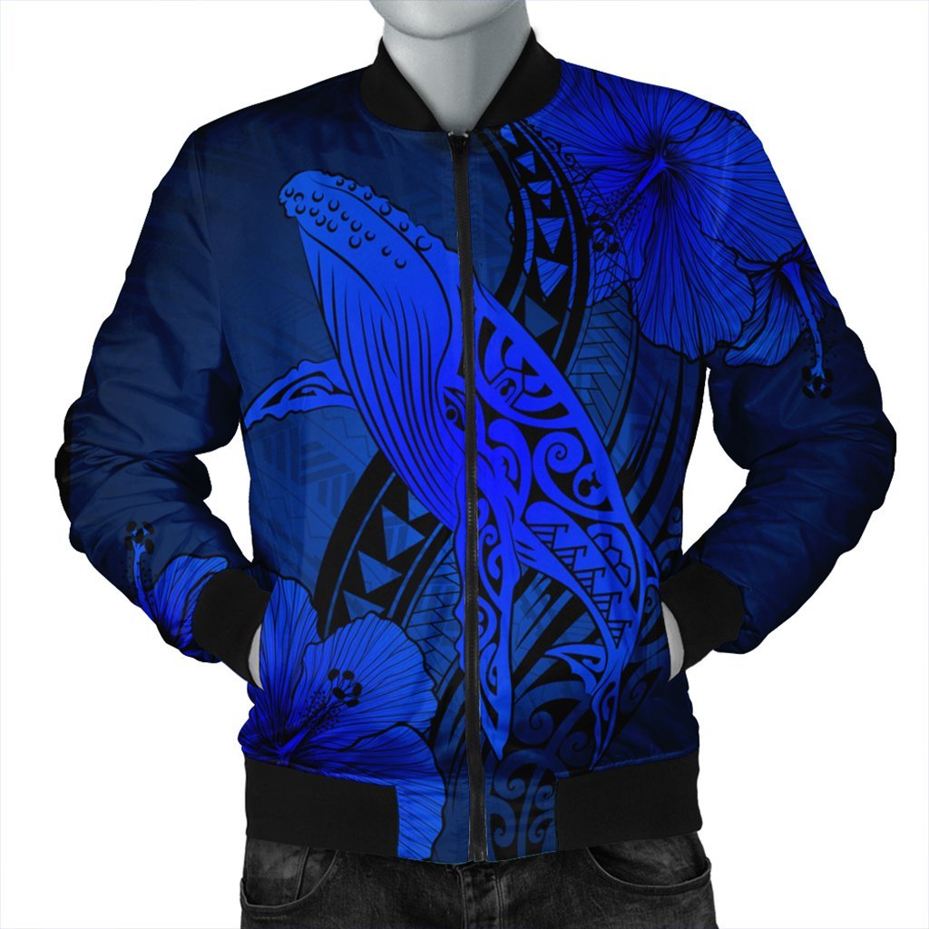 Hawaiian Map Whale Swim Hibiscus Polynesian Bomber Jacket - Blue - AH Black Unisex - Polynesian Pride