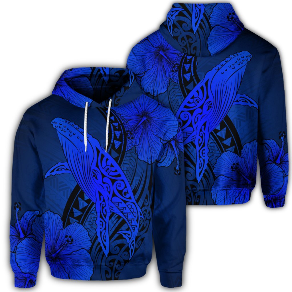 Hawaiian Map Whale Swim Hibiscus Polynesian Hoodie Blue Unisex Art - Polynesian Pride