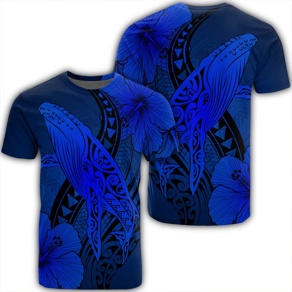 Hawaiian Map Whale Swim Hibiscus Polynesian T Shirt Blue AH Unisex Black - Polynesian Pride