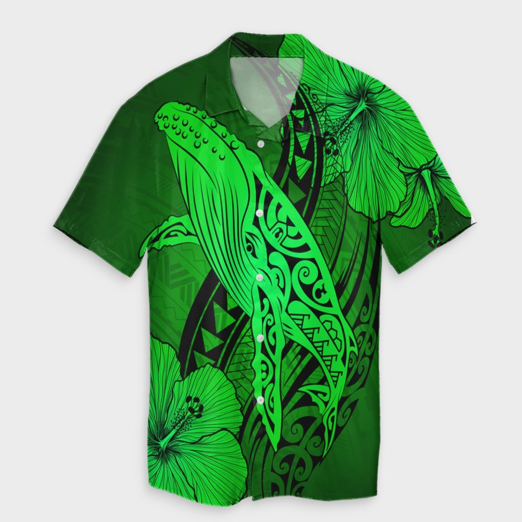 Hawaiian Map Whale Swim Hibiscus Polynesian Hawaiian Shirt - Green - AH Unisex Black - Polynesian Pride