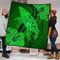 Hawaiian Map Whale Swim Hibiscus Polynesian Premium Quilts - Green - AH - Polynesian Pride