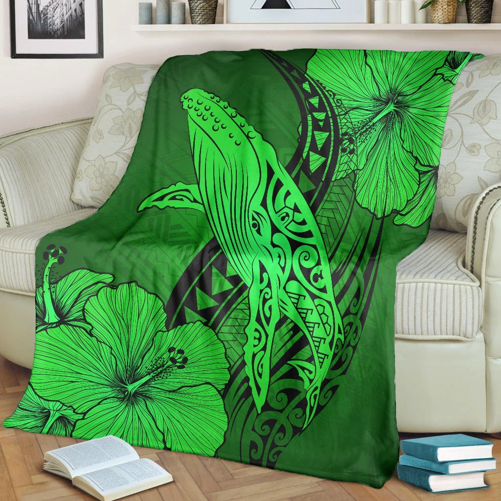 Hawaiian Map Whale Swim Hibiscus Polynesian Premium Blankets - Green - AH - Polynesian Pride