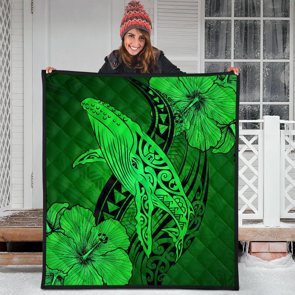 Hawaiian Map Whale Swim Hibiscus Polynesian Premium Quilts - Green - AH - Polynesian Pride