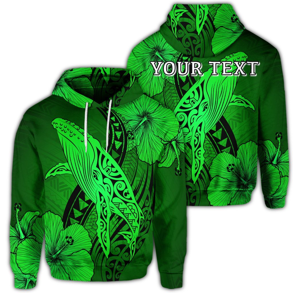 Custom Hawaiian Map Whale Swim Hibiscus Polynesian Hoodie Green Unisex Art - Polynesian Pride