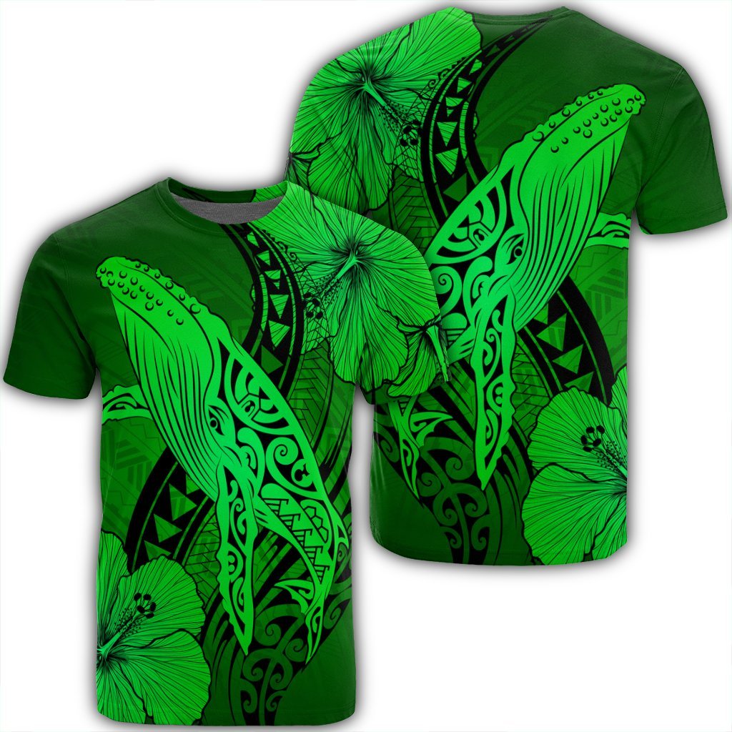 Hawaiian Map Whale Swim Hibiscus Polynesian T Shirt Green AH Unisex Black - Polynesian Pride