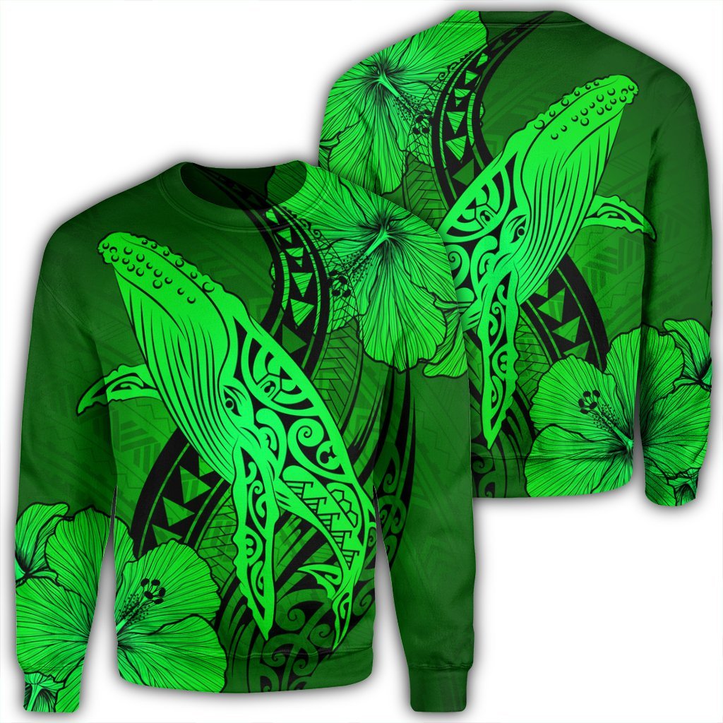 Hawaiian Map Whale Swim Hibiscus Polynesian Sweatshirt - Green - AH Unisex Black - Polynesian Pride