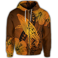 Hawaiian Map Whale Swim Hibiscus Polynesian Zip Hoodie Orange - Polynesian Pride