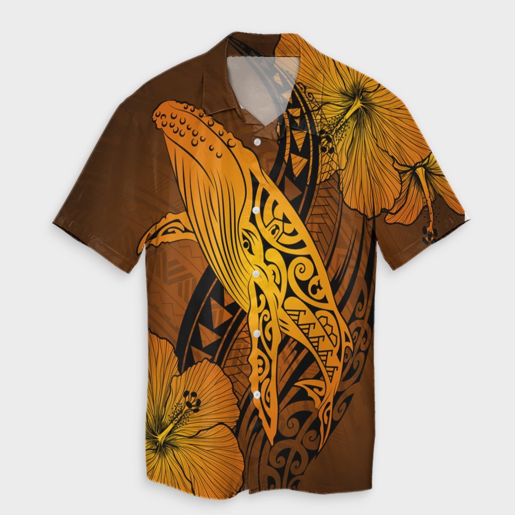 Hawaiian Map Whale Swim Hibiscus Polynesian Hawaiian Shirt - Orange - AH Unisex Black - Polynesian Pride