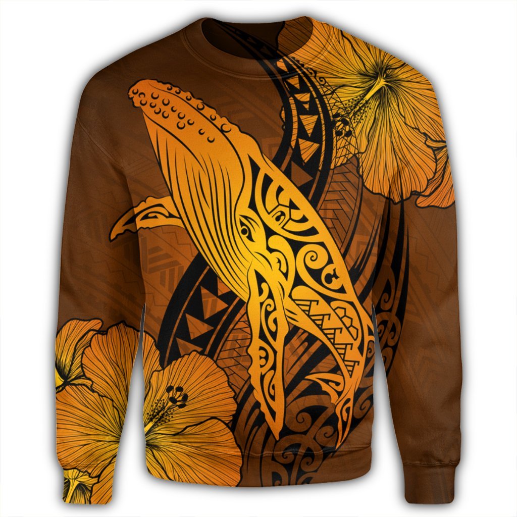 Hawaiian Map Whale Swim Hibiscus Polynesian Sweatshirt - Orange - AH - Polynesian Pride