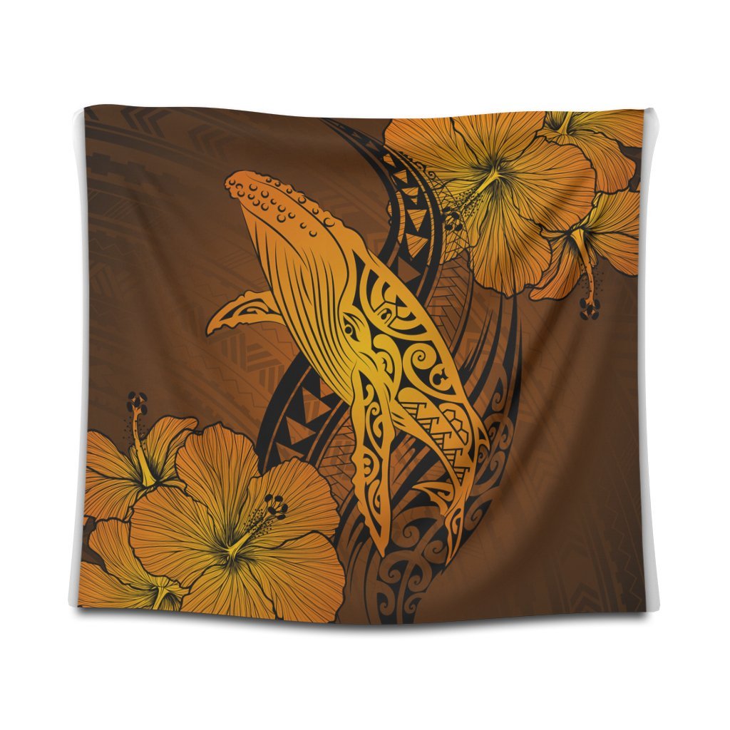 Hawaiian Map Whale Swim Hibiscus Polynesian Tapestry - Orange - AH Wall Tapestry Black - Polynesian Pride