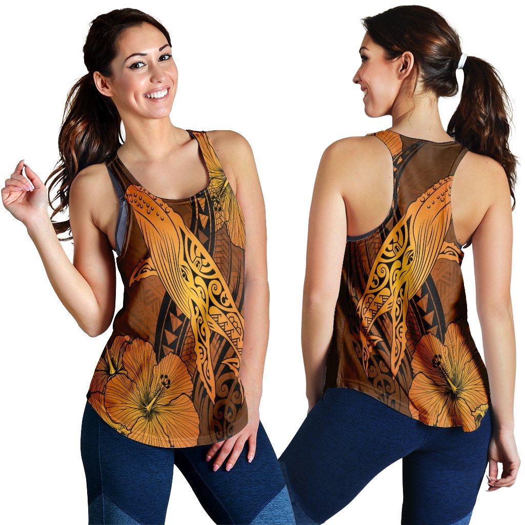 Hawaiian Map Whale Swim Hibiscus Polynesian Racerback Tank - Orange - AH Black - Polynesian Pride