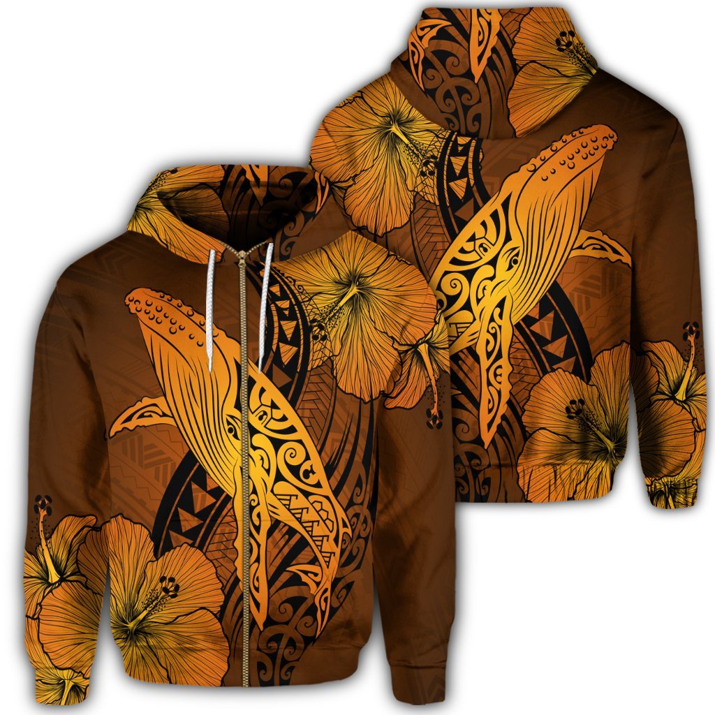 Hawaiian Map Whale Swim Hibiscus Polynesian Zip Hoodie Orange Unisex Art - Polynesian Pride