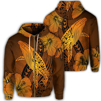 Hawaiian Map Whale Swim Hibiscus Polynesian Zip Hoodie Orange Unisex Art - Polynesian Pride