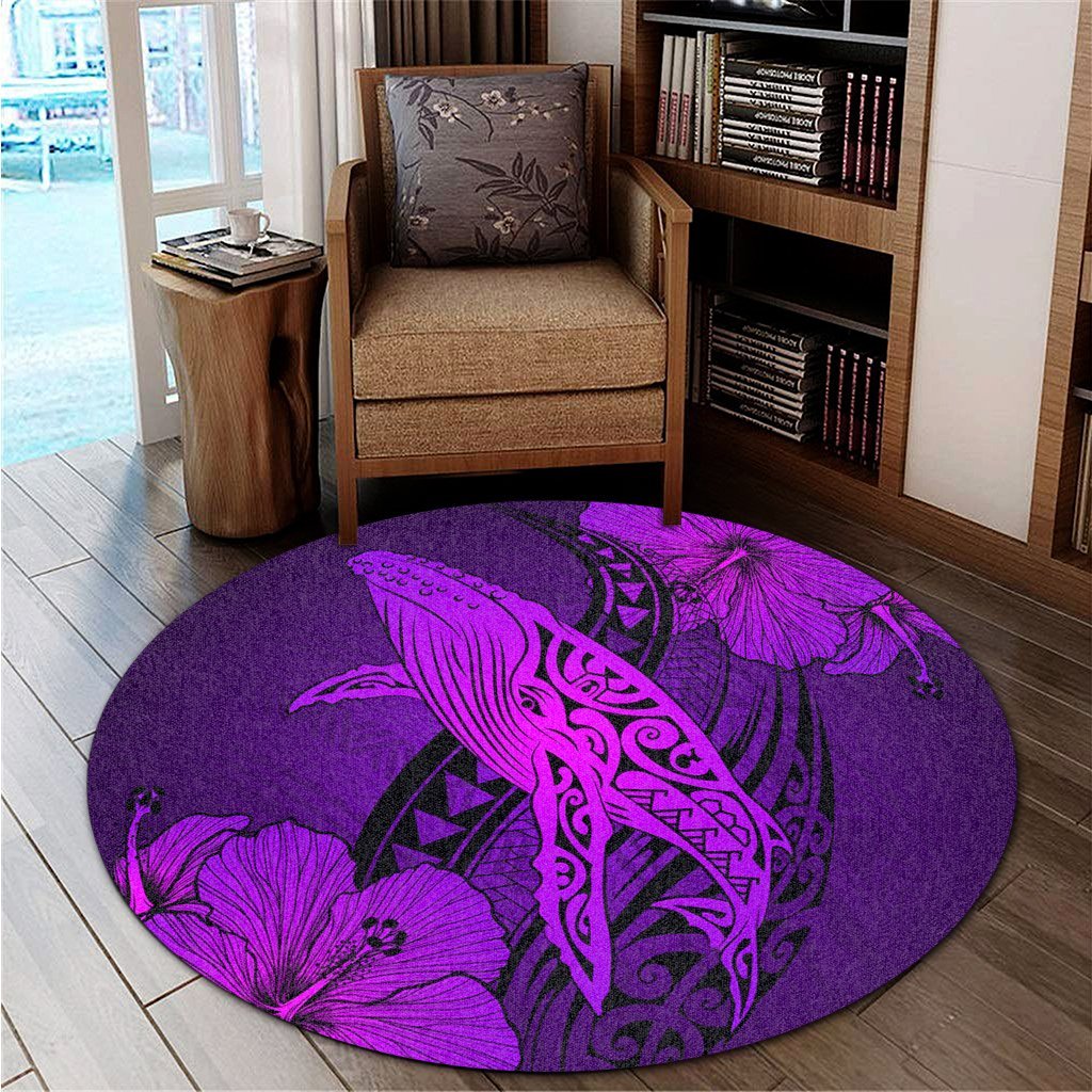 Hawaiian Map Whale Swim Hibiscus Polynesian Round Carpet - Purple - AH - Polynesian Pride