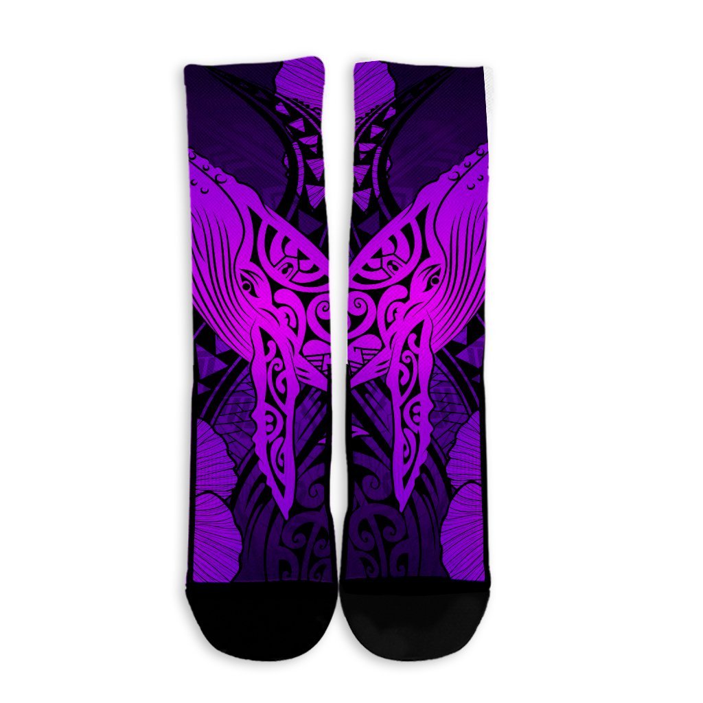 Hawaiian Map Whale Swim Hibiscus Polynesian Crew Socks - Purple - AH - Polynesian Pride