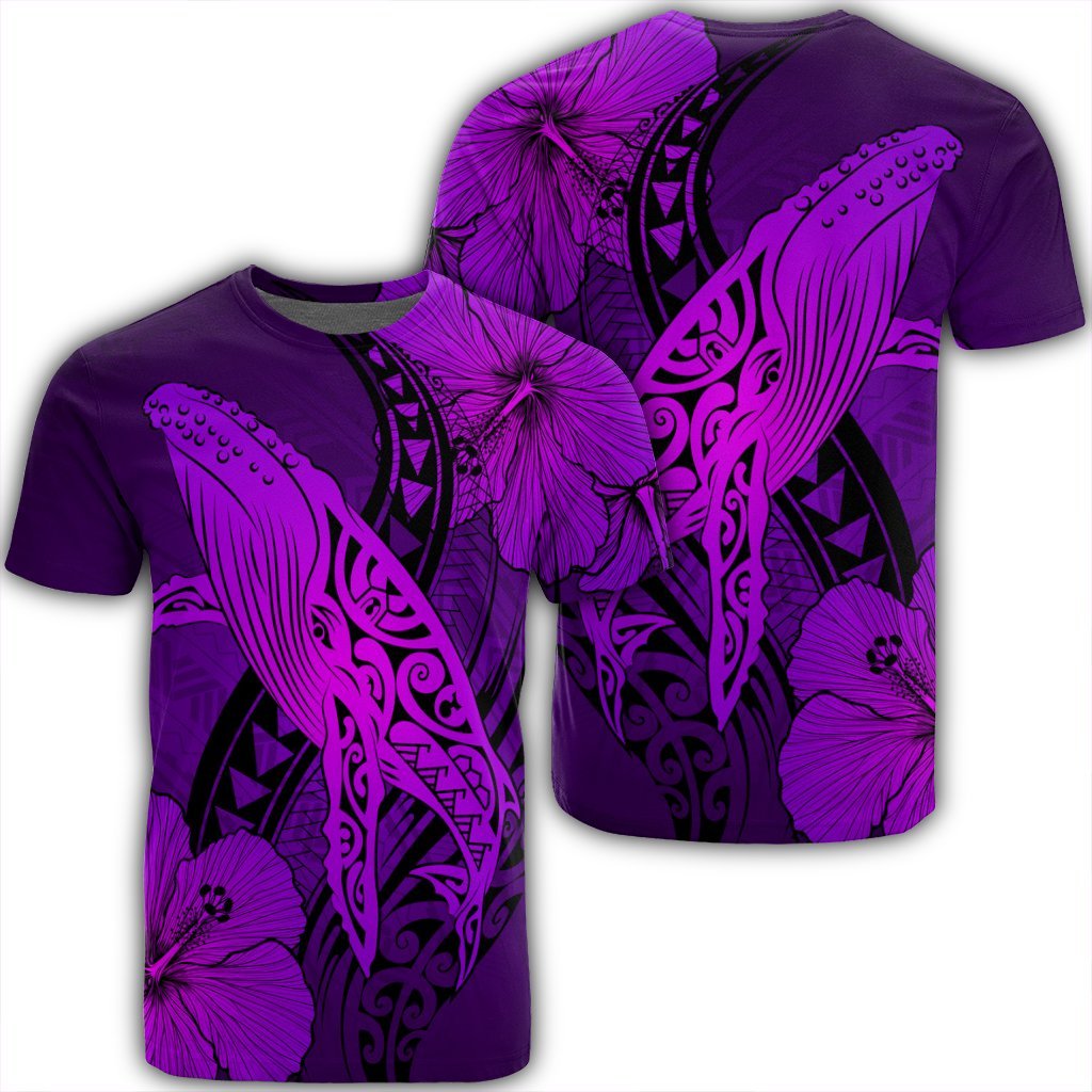 Hawaiian Map Whale Swim Hibiscus Polynesian T Shirt Purple AH Unisex Black - Polynesian Pride