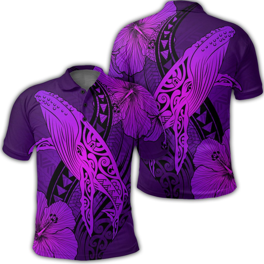 Hawaiian Map Whale Swim Hibiscus Polynesian Polo Shirt Purple Unisex Black - Polynesian Pride