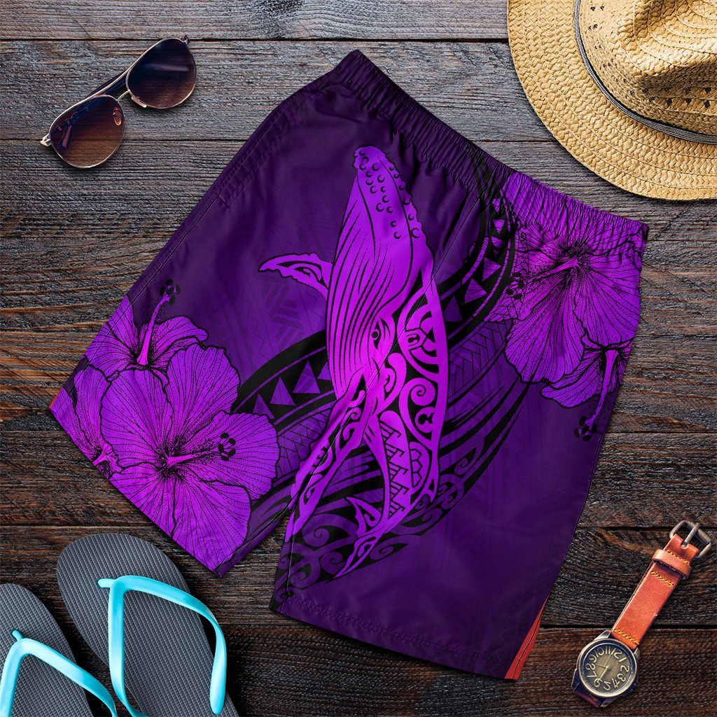Hawaiian Map Whale Swim Hibiscus Polynesian Men's Shorts - Purple - AH Art - Polynesian Pride