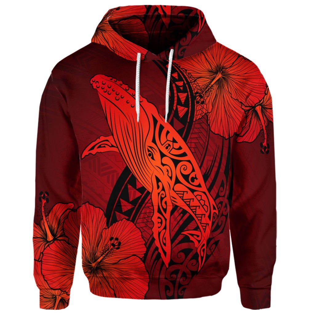 Custom Hawaiian Map Whale Swim Hibiscus Polynesian Hoodie Red - Polynesian Pride