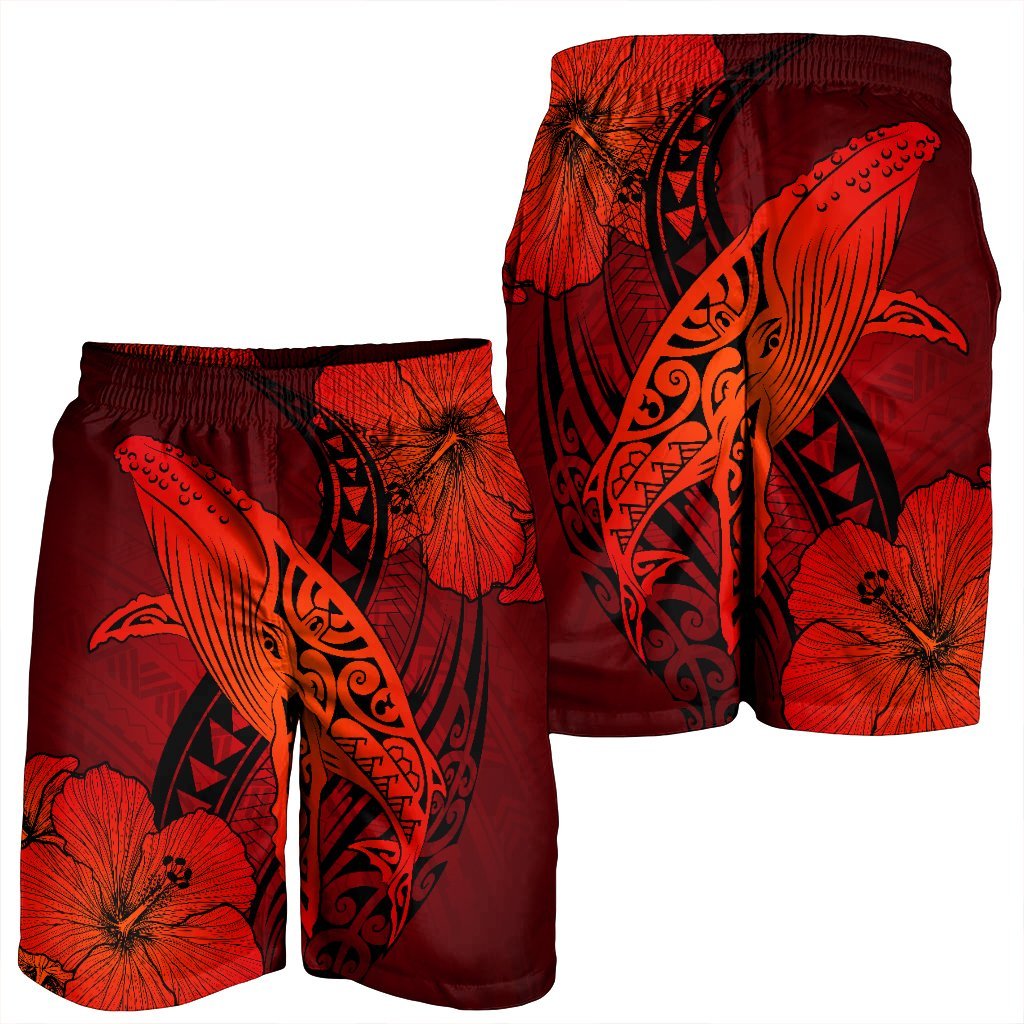Hawaiian Map Whale Swim Hibiscus Polynesian Men's Shorts - Red - AH - Polynesian Pride
