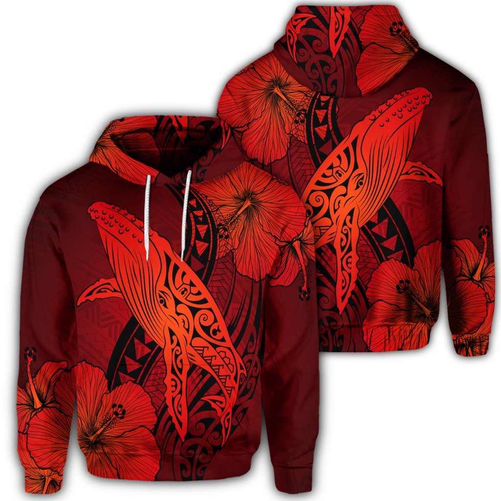 Hawaiian Map Whale Swim Hibiscus Polynesian Hoodie Red Unisex Art - Polynesian Pride