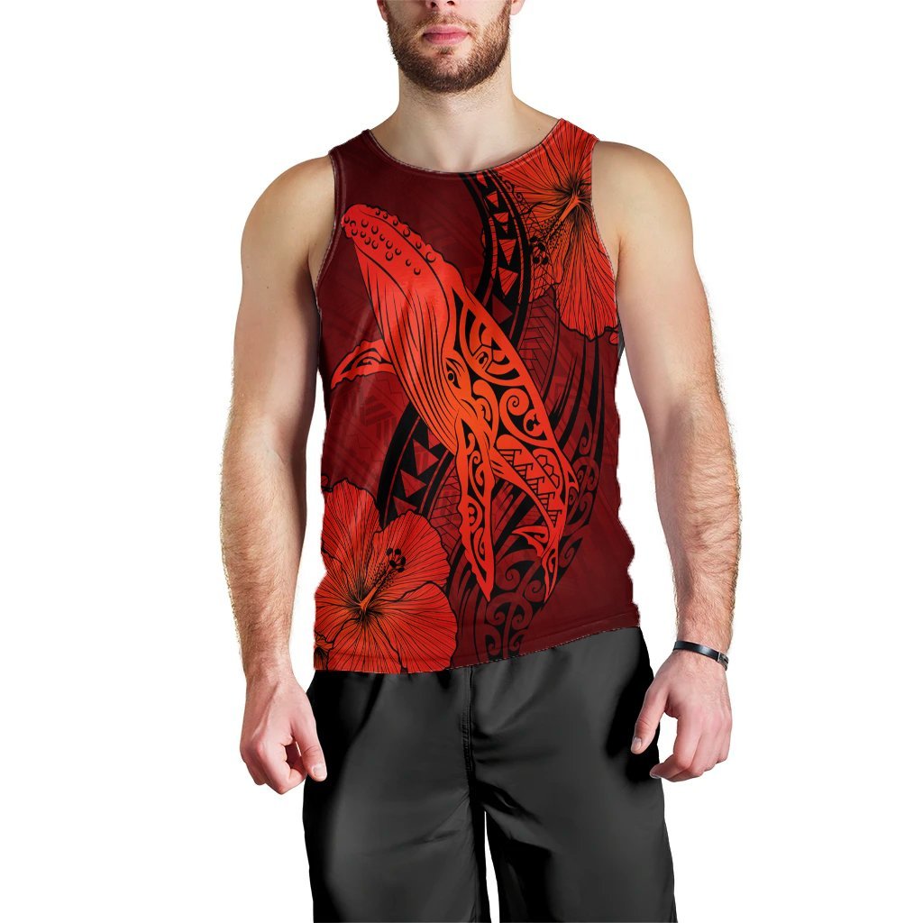 Hawaiian Map Whale Swim Hibiscus Polynesian Tank Top - Red - AH Black - Polynesian Pride