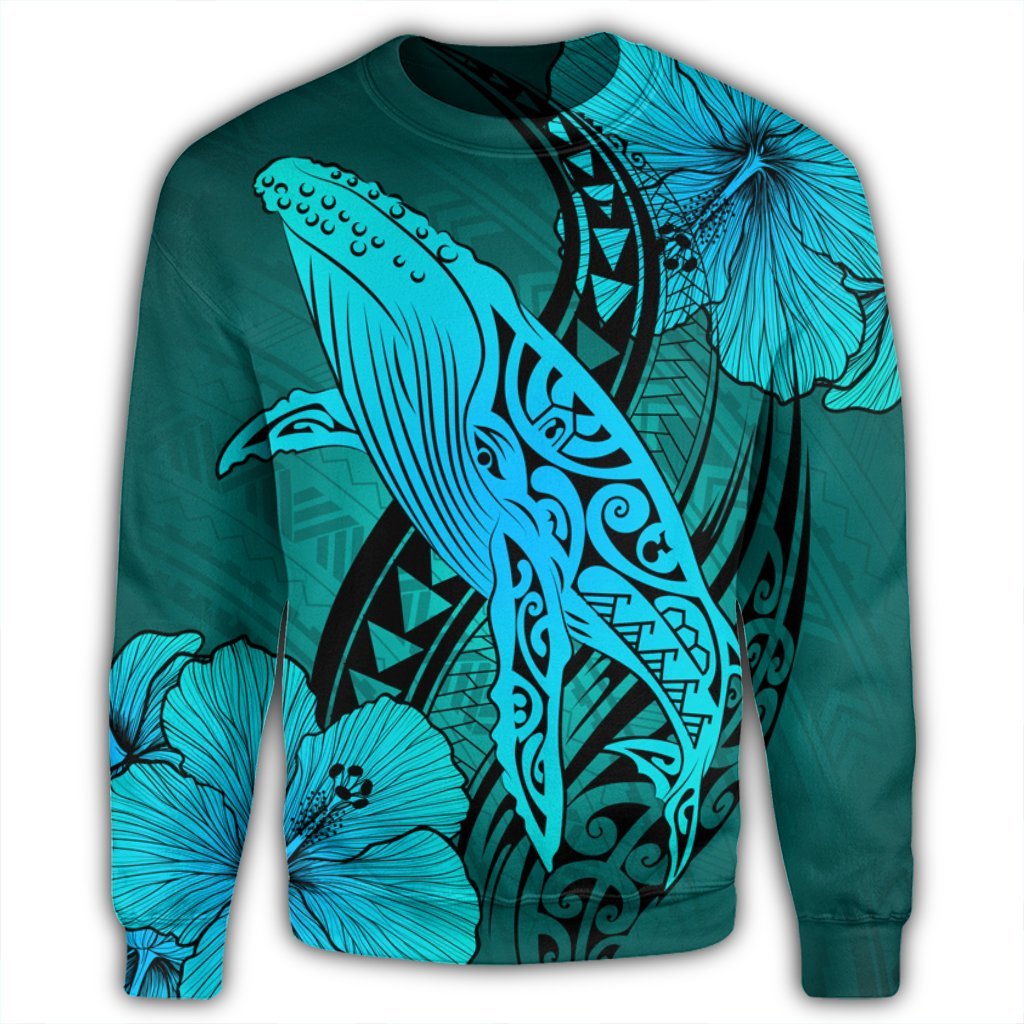 Hawaiian Map Whale Swim Hibiscus Polynesian Sweatshirt - Turquoise - AH - Polynesian Pride