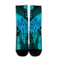 Hawaiian Map Whale Swim Hibiscus Polynesian Crew Socks - Turquoise - AH - Polynesian Pride