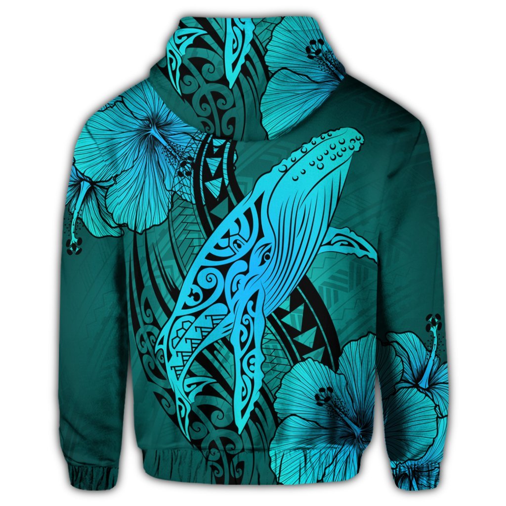 Hawaiian Map Whale Swim Hibiscus Polynesian Zip Hoodie Turquoise - Polynesian Pride