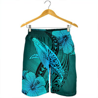 Hawaiian Map Whale Swim Hibiscus Polynesian Men's Shorts - Turquoise - AH - Polynesian Pride