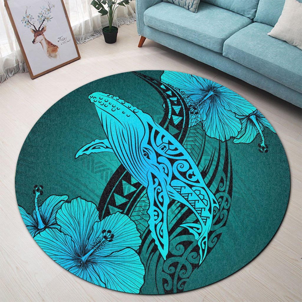 Hawaiian Map Whale Swim Hibiscus Polynesian Round Carpet - Turquoise - AH - Polynesian Pride