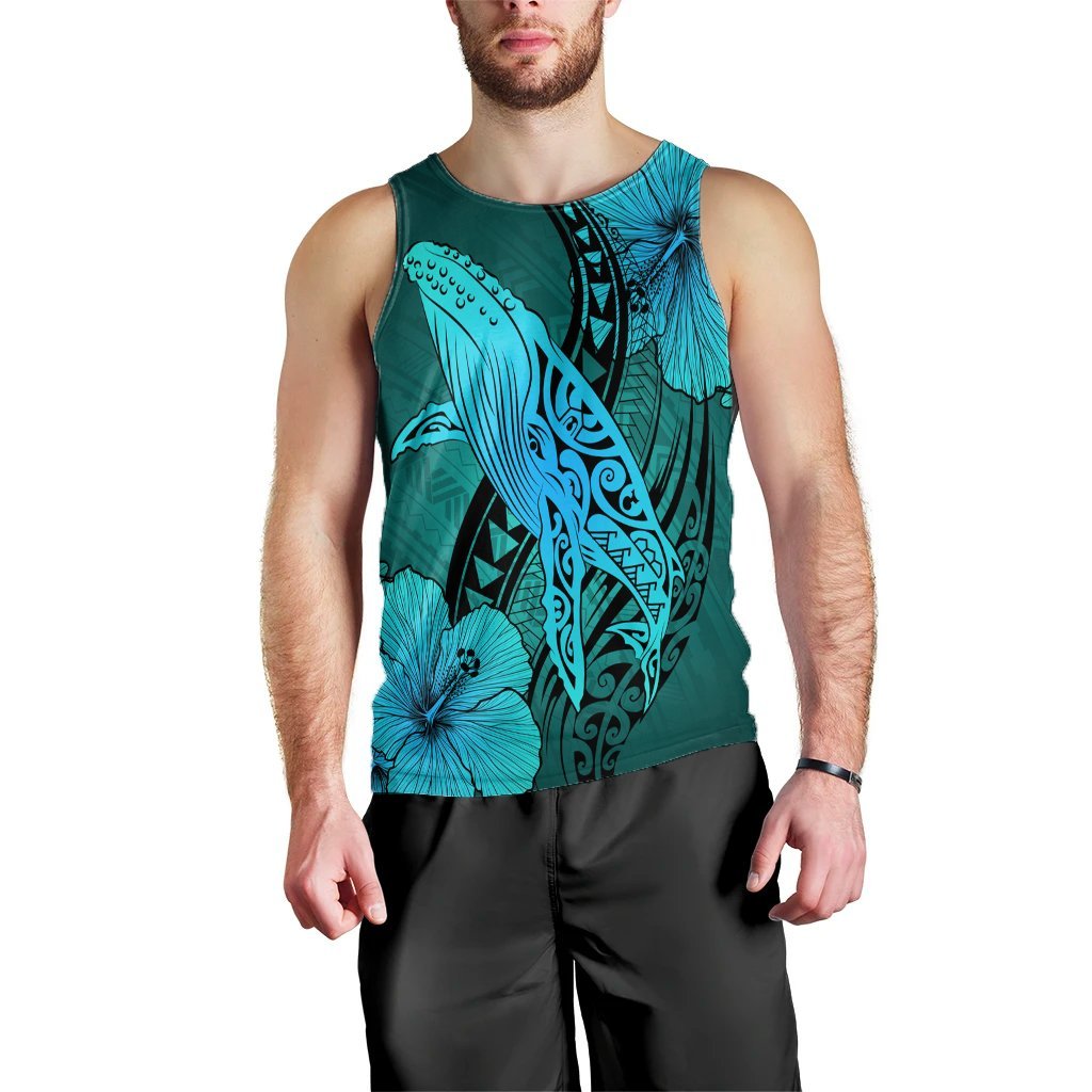 Hawaiian Map Whale Swim Hibiscus Polynesian Tank Top - Turquoise - AH Black - Polynesian Pride