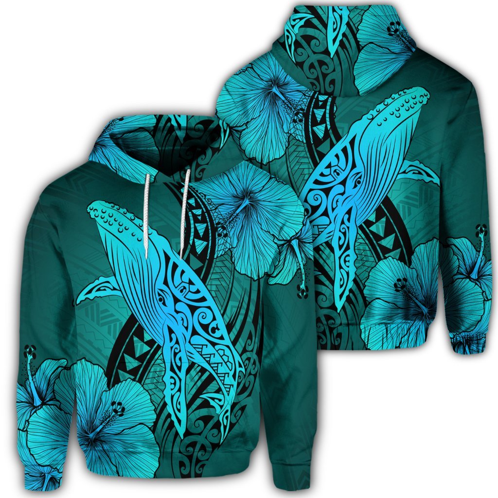 Hawaiian Map Whale Swim Hibiscus Polynesian Hoodie Turquoise Unisex Art - Polynesian Pride