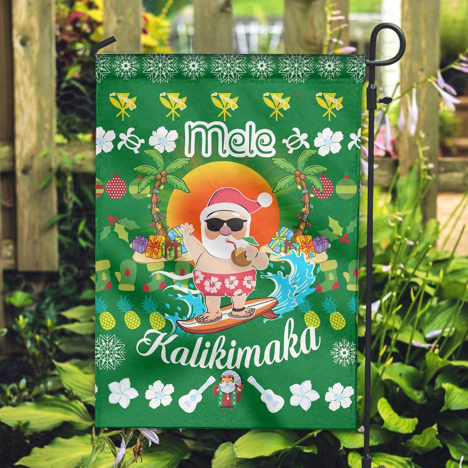 Hawaiian Mele Kalikimaka Santa Claus Pattern Christmas Garden Flag - Green - Labo Style - AH - Polynesian Pride