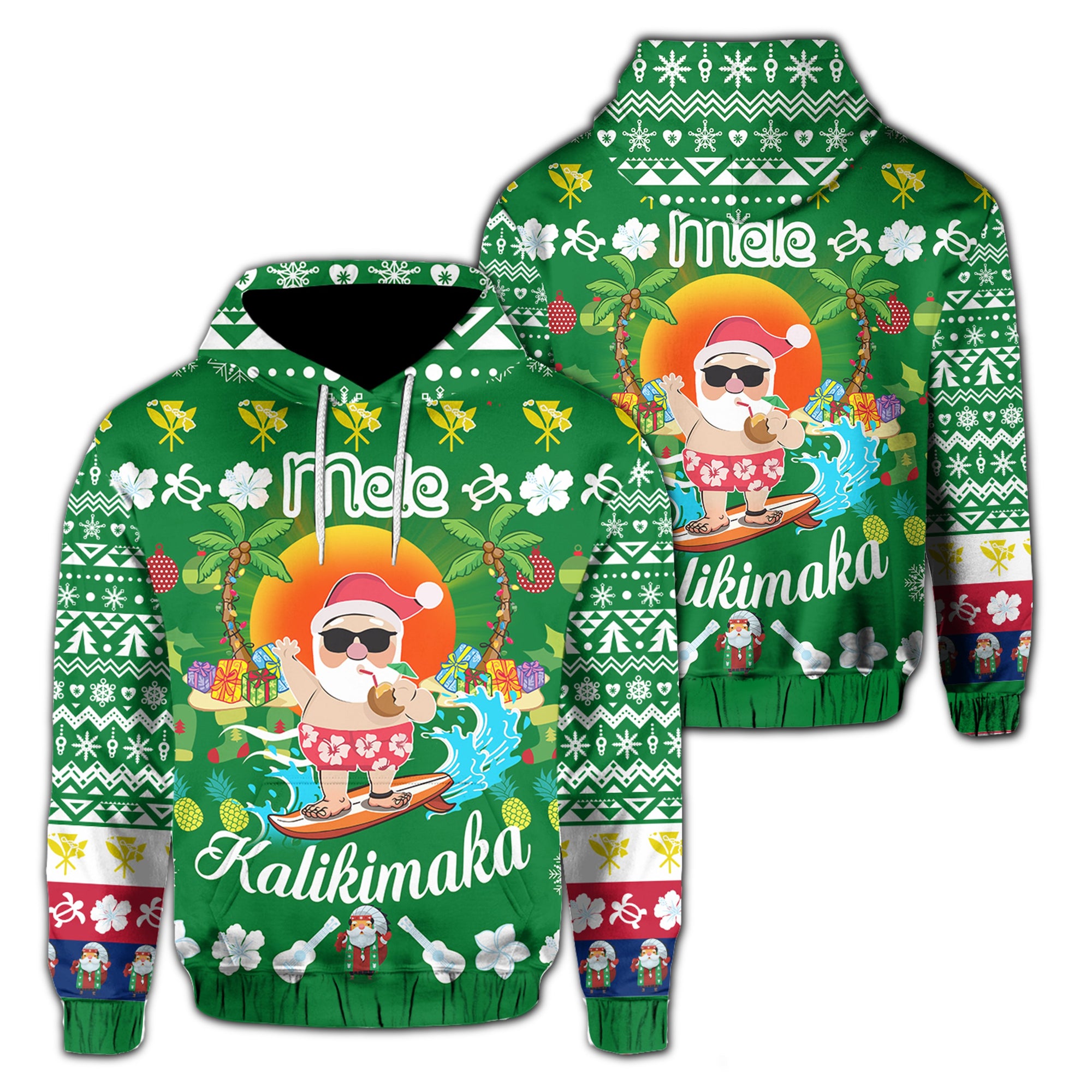 Hawaiian Mele Kalikimaka Santa Claus Pattern Christmas Hoodie Green Labo Style Unisex Green - Polynesian Pride