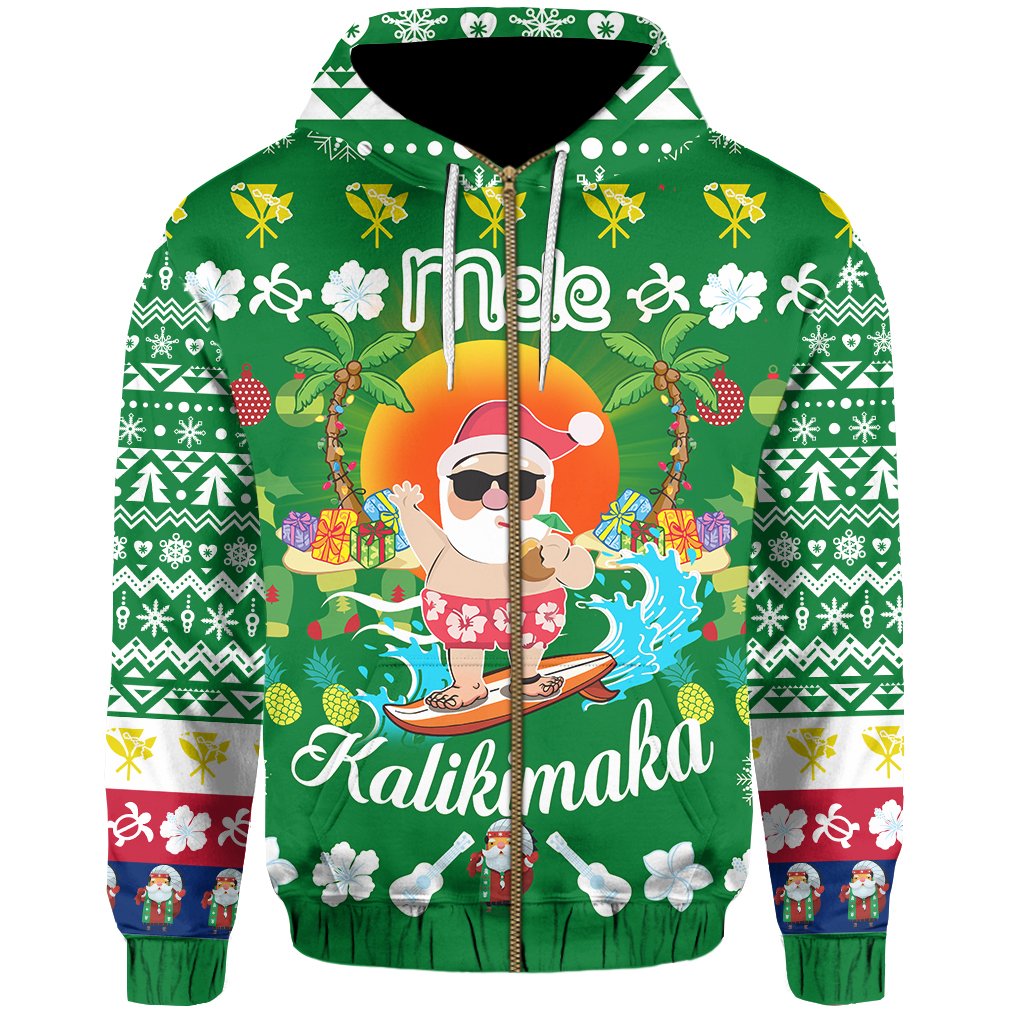 Hawaiian Mele Kalikimaka Santa Claus Pattern Christmas Hoodie Zip Green Labo Style - Polynesian Pride