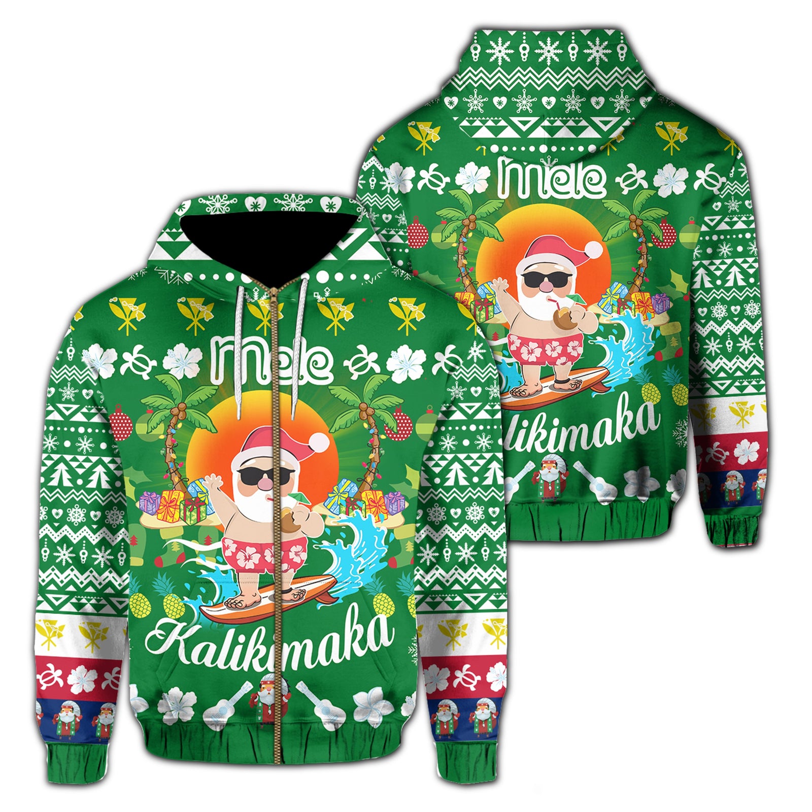 Hawaiian Mele Kalikimaka Santa Claus Pattern Christmas Hoodie Zip Green Labo Style Unisex Green - Polynesian Pride