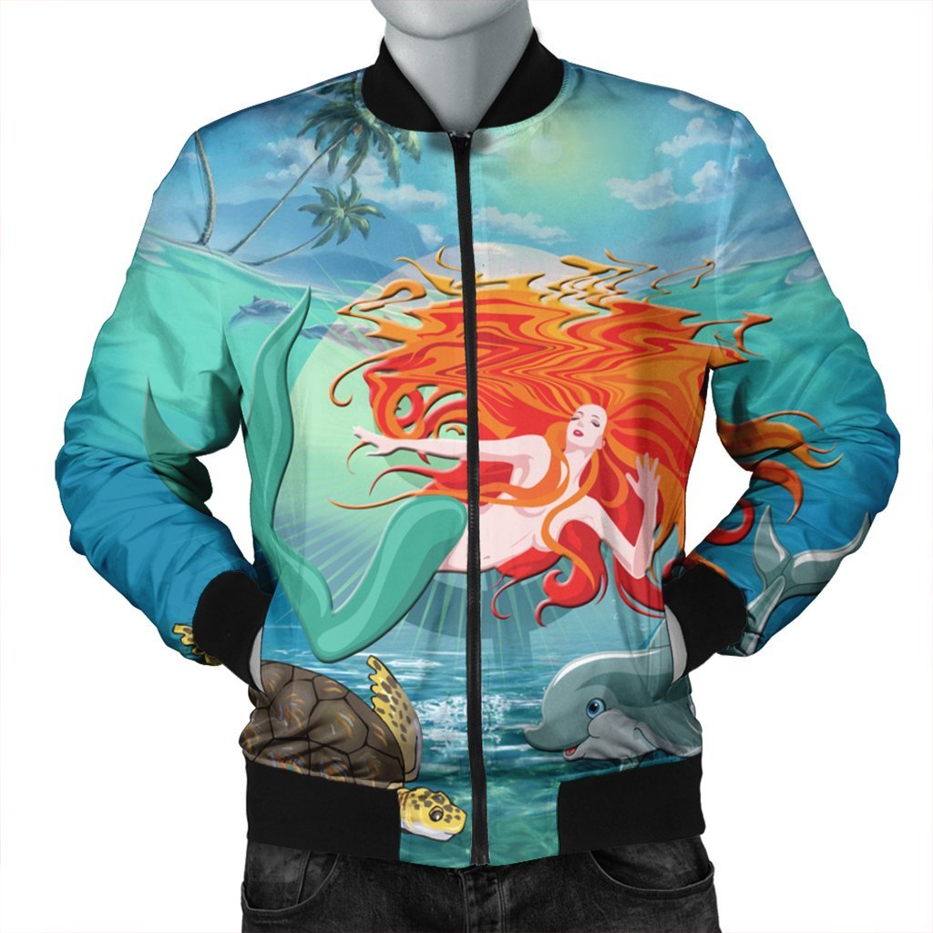 Hawaiian Mermaid Turtle Dolphin Polynesian Bomber Jacket - AH Black Unisex - Polynesian Pride