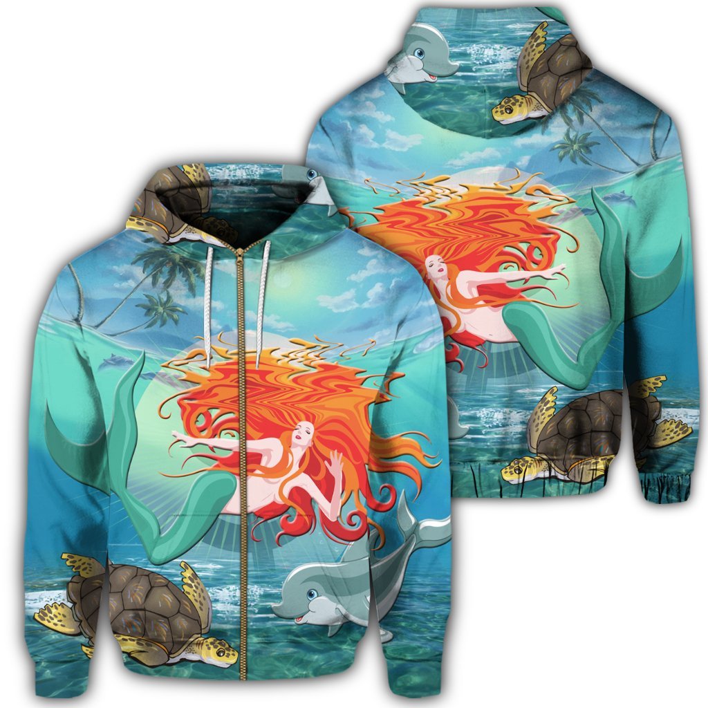 Hawaiian Mermaid Turtle Dolphin Polynesian Zip Hoodie Unisex Art - Polynesian Pride