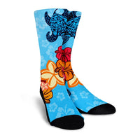 Hawaiian Ocean Turtle Plumeria And Hibiscus Polynesian Crew Socks - AH - Polynesian Pride