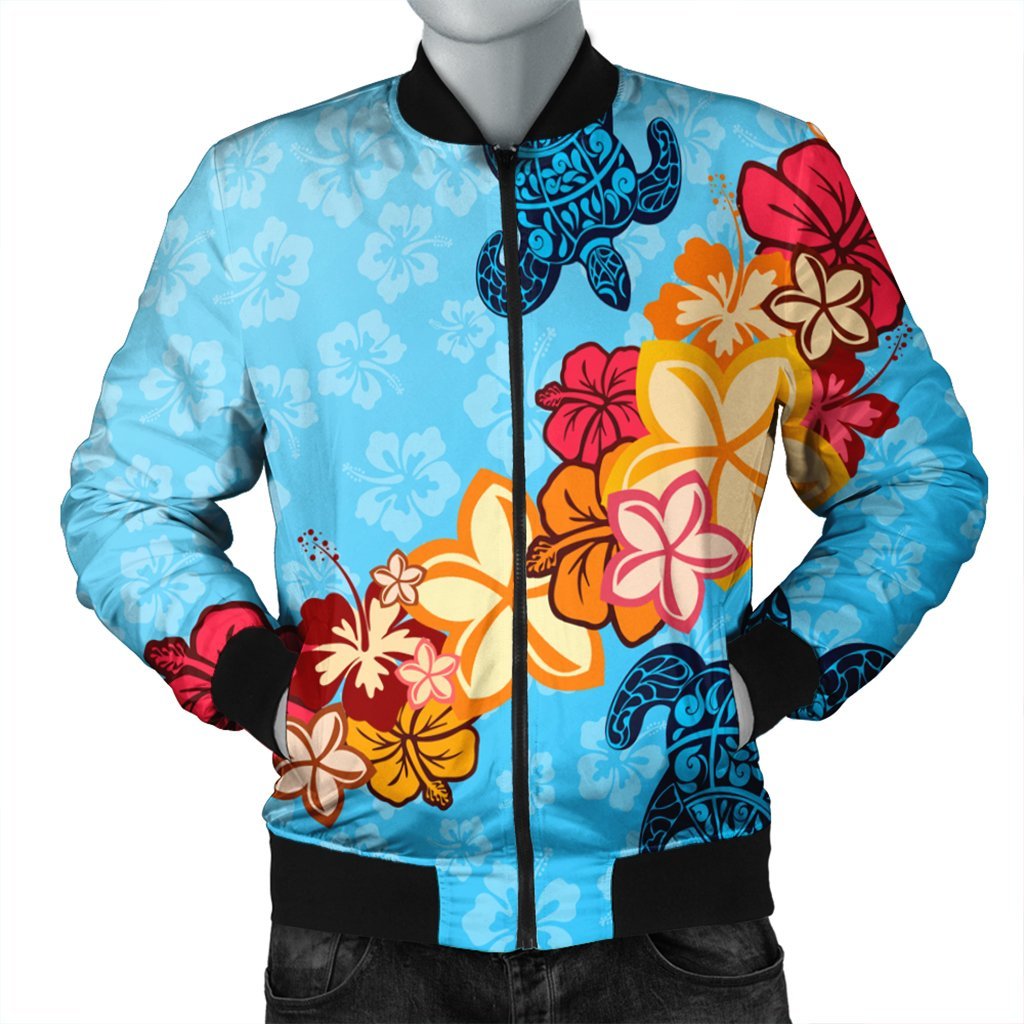 Hawaiian Ocean Turtle Plumeria And Hibiscus Polynesian Bomber Jacket - AH Black Unisex - Polynesian Pride