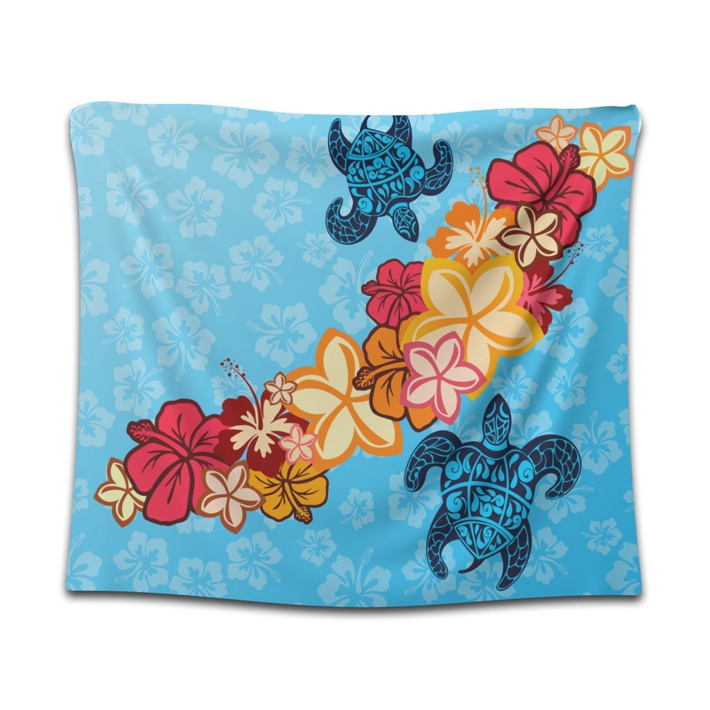 Hawaiian Ocean Turtle Plumeria And Hibiscus Polynesian Tapestry - AH Wall Tapestry Black - Polynesian Pride