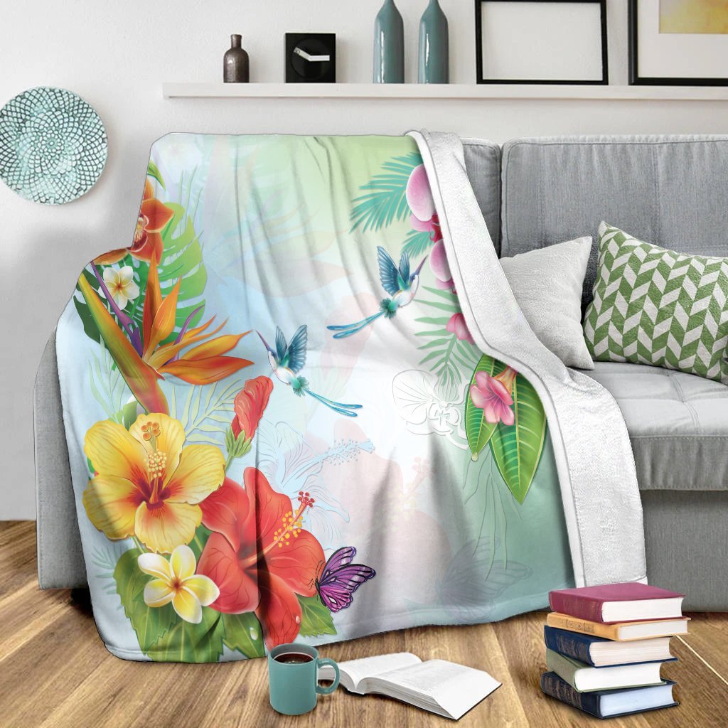 Hawaiian Orchids Strelitzia Hibiscus Plumeria Hummingbirds Polynesian Premium Blankets - AH - Polynesian Pride
