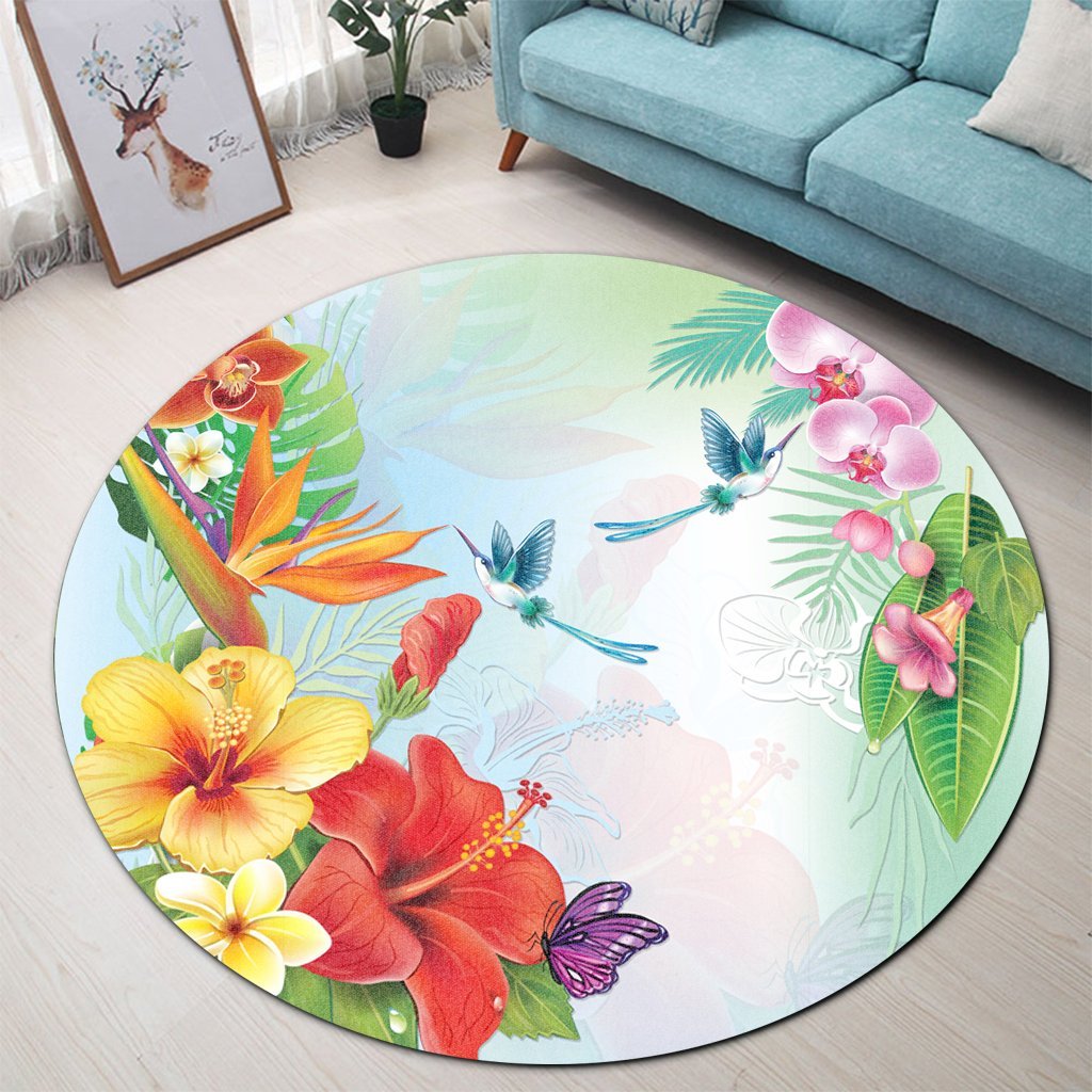 Hawaiian Orchids Strelitzia Hibiscus Plumeria Hummingbirds Polynesian Round Carpet - AH - Polynesian Pride