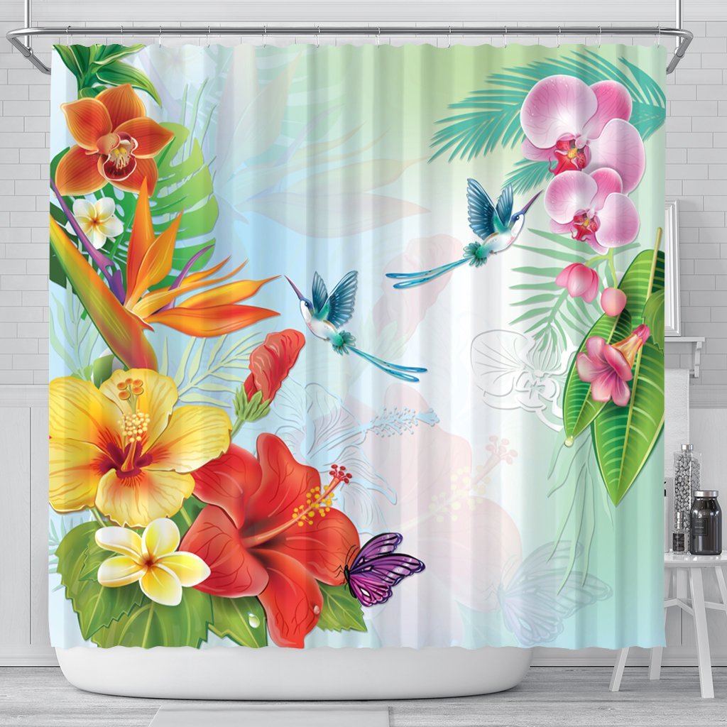 Hawaiian Orchids Strelitzia Hibiscus Plumeria Hummingbirds Polynesian Shower Curtain - AH 177 x 172 (cm) Black - Polynesian Pride