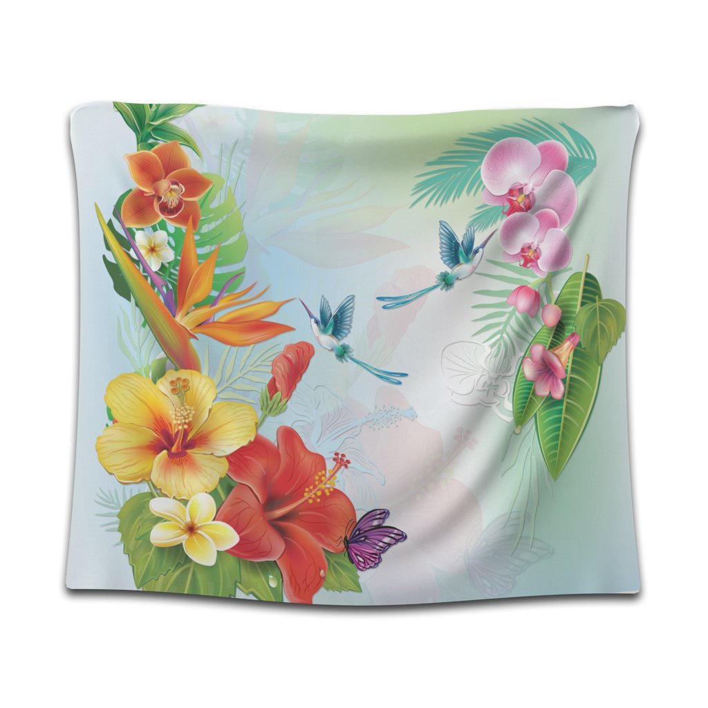 Hawaiian Orchids Strelitzia Hibiscus Plumeria Hummingbirds Polynesian Tapestry - AH Wall Tapestry Black - Polynesian Pride