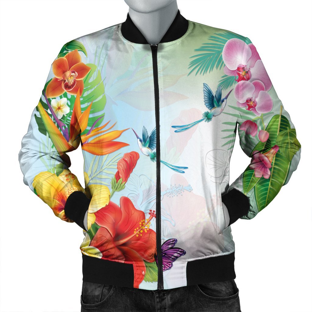 Hawaiian Orchids Strelitzia Hibiscus Plumeria Hummingbirds Polynesian Bomber Jacket - AH Black Unisex - Polynesian Pride