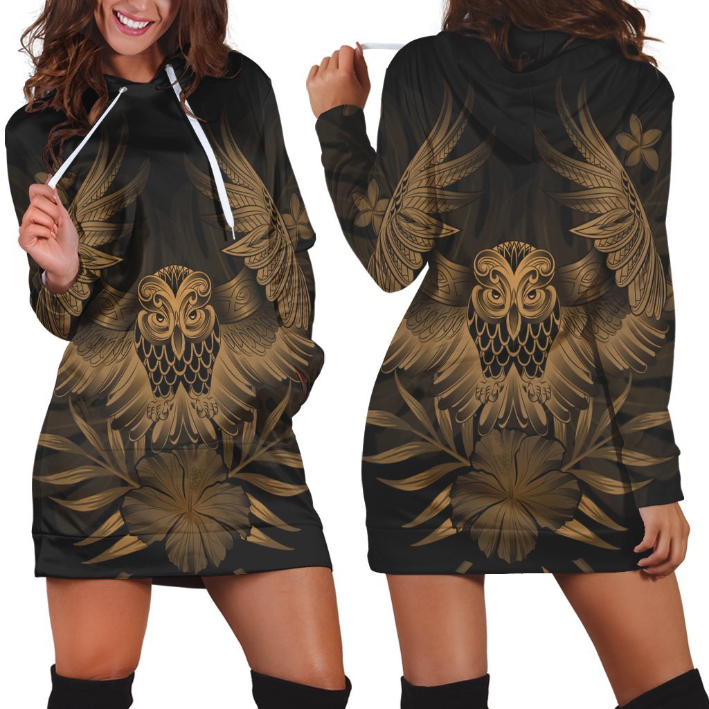 Hawaiian Owl Hibiscus Plumeria Polynesian Hoodie Dress - Gold - AH Black - Polynesian Pride