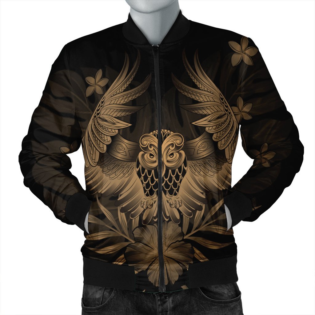 Hawaiian Owl Hibiscus Plumeria Polynesian Bomber Jacket - Gold - AH Black Unisex - Polynesian Pride