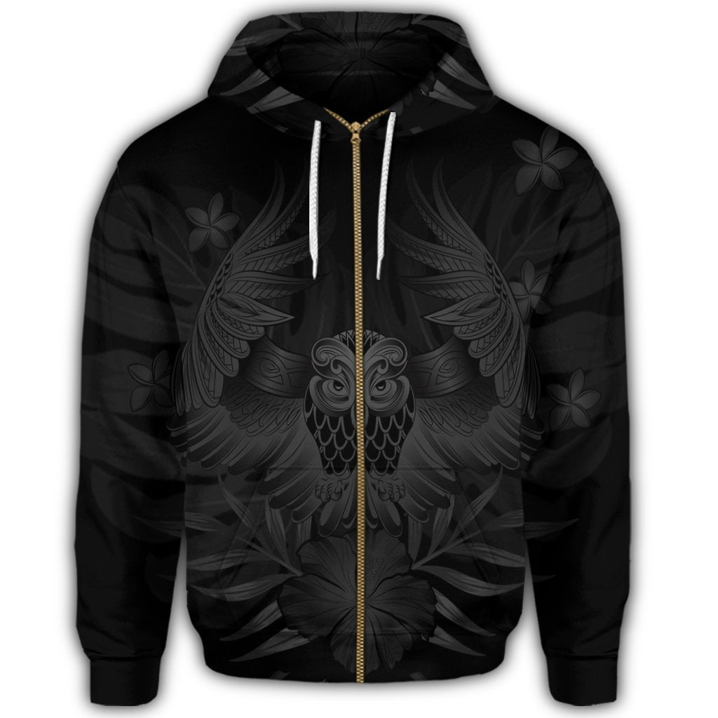 Hawaiian Owl Hibiscus Plumeria Polynesian Zip Hoodie Gray - Polynesian Pride